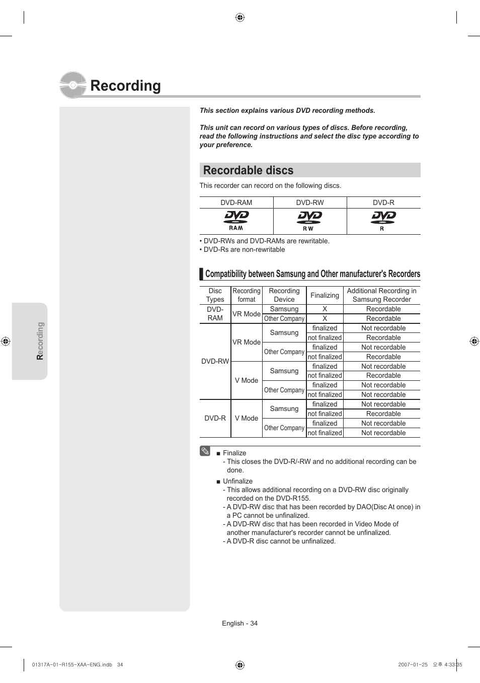 Recording, Recordable discs | Samsung DVD-R155-XAA User Manual | Page 34 / 75