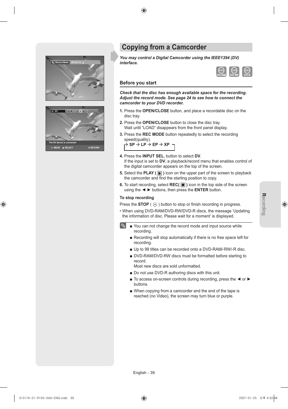 Copying from a camcorder | Samsung DVD-R155-XAA User Manual | Page 39 / 75