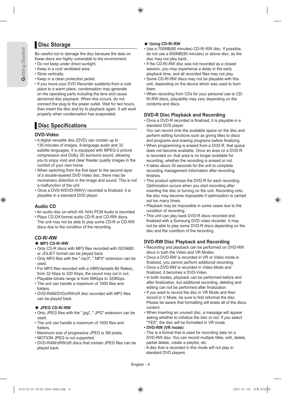 Disc storage, Disc specifi cations | Samsung DVD-R155-XAA User Manual | Page 4 / 75