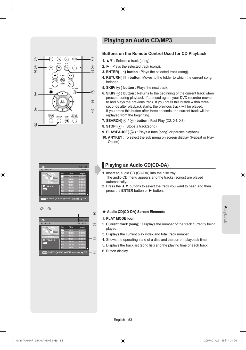 Playing an audio cd/mp3, Playing an audio cd(cd-da), Playback | Buttons on the remote control used for cd playback, English - 53 | Samsung DVD-R155-XAA User Manual | Page 53 / 75