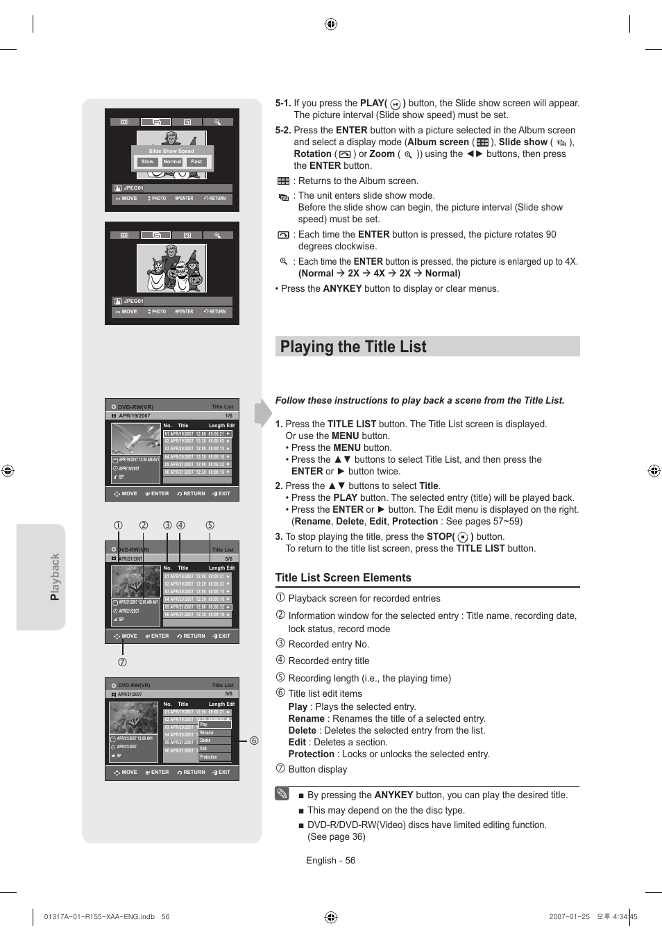 Playing the title list, Playback, Title list screen elements | English - 56 | Samsung DVD-R155-XAA User Manual | Page 56 / 75