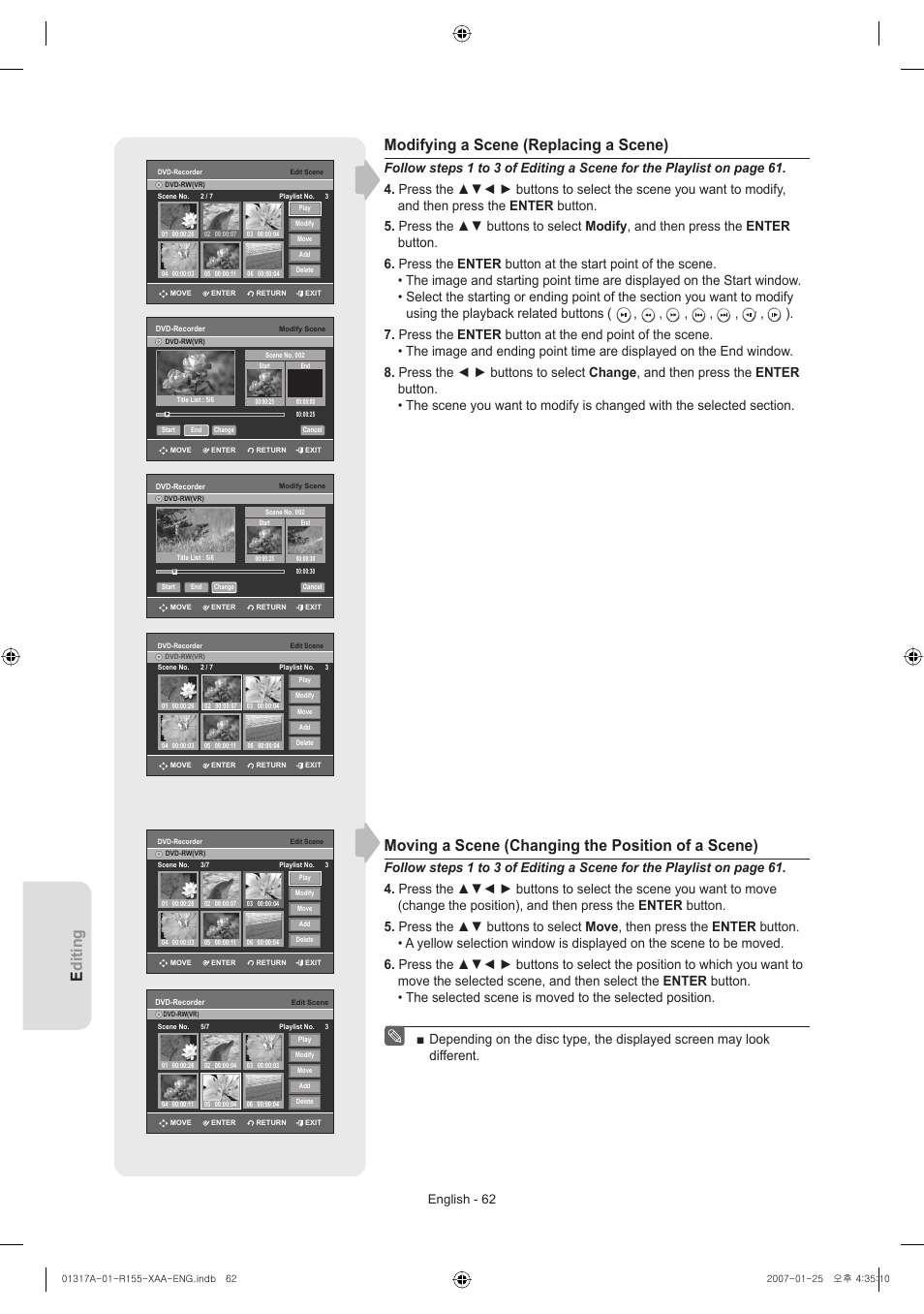 Editing, Modifying a scene (replacing a scene), Moving a scene (changing the position of a scene) | English - 62 | Samsung DVD-R155-XAA User Manual | Page 62 / 75