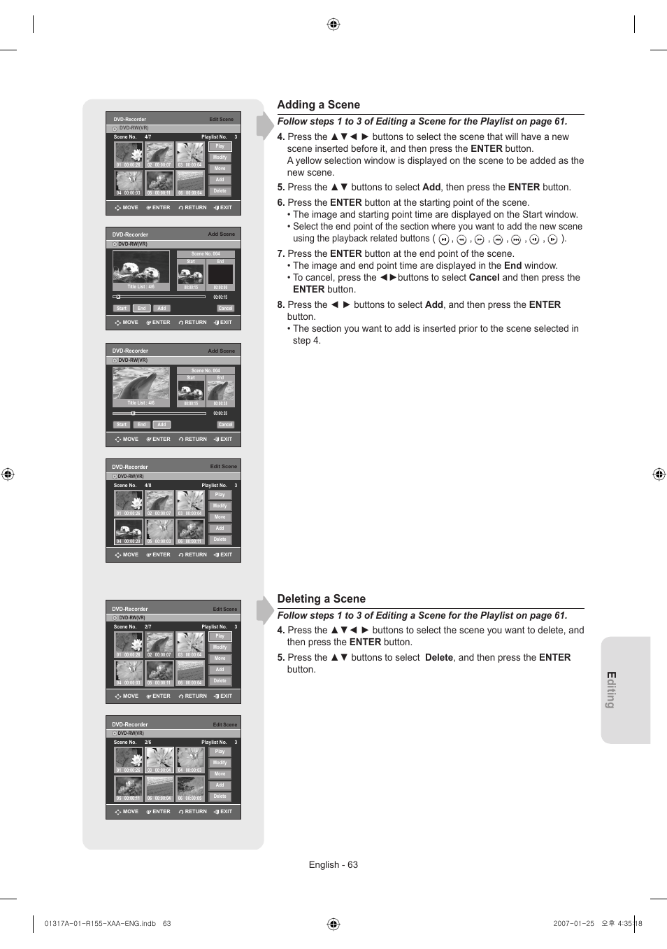 Editing, Adding a scene, Deleting a scene | English - 63 | Samsung DVD-R155-XAA User Manual | Page 63 / 75