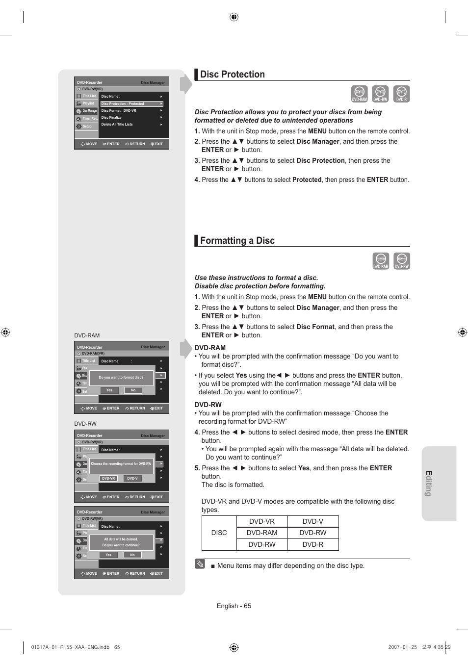 Disc protection, Formatting a disc, Editing | English - 65 | Samsung DVD-R155-XAA User Manual | Page 65 / 75