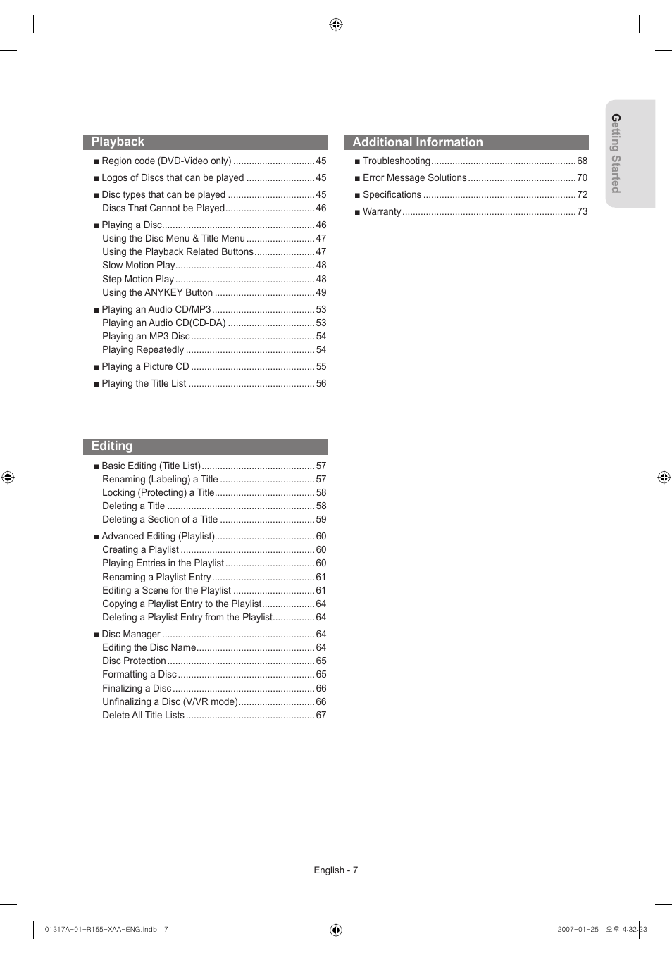 Playback, Editing, Additional information | Samsung DVD-R155-XAA User Manual | Page 7 / 75