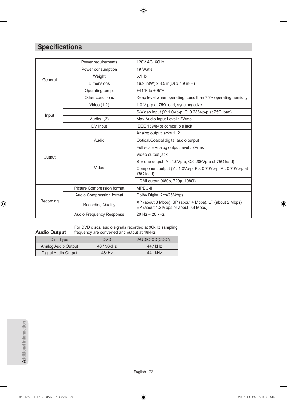 Specifi cations | Samsung DVD-R155-XAA User Manual | Page 72 / 75