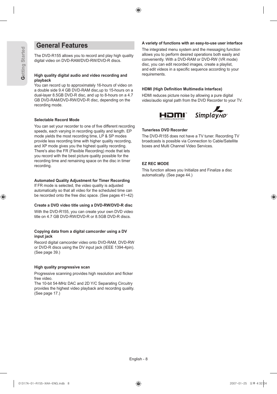 General features | Samsung DVD-R155-XAA User Manual | Page 8 / 75