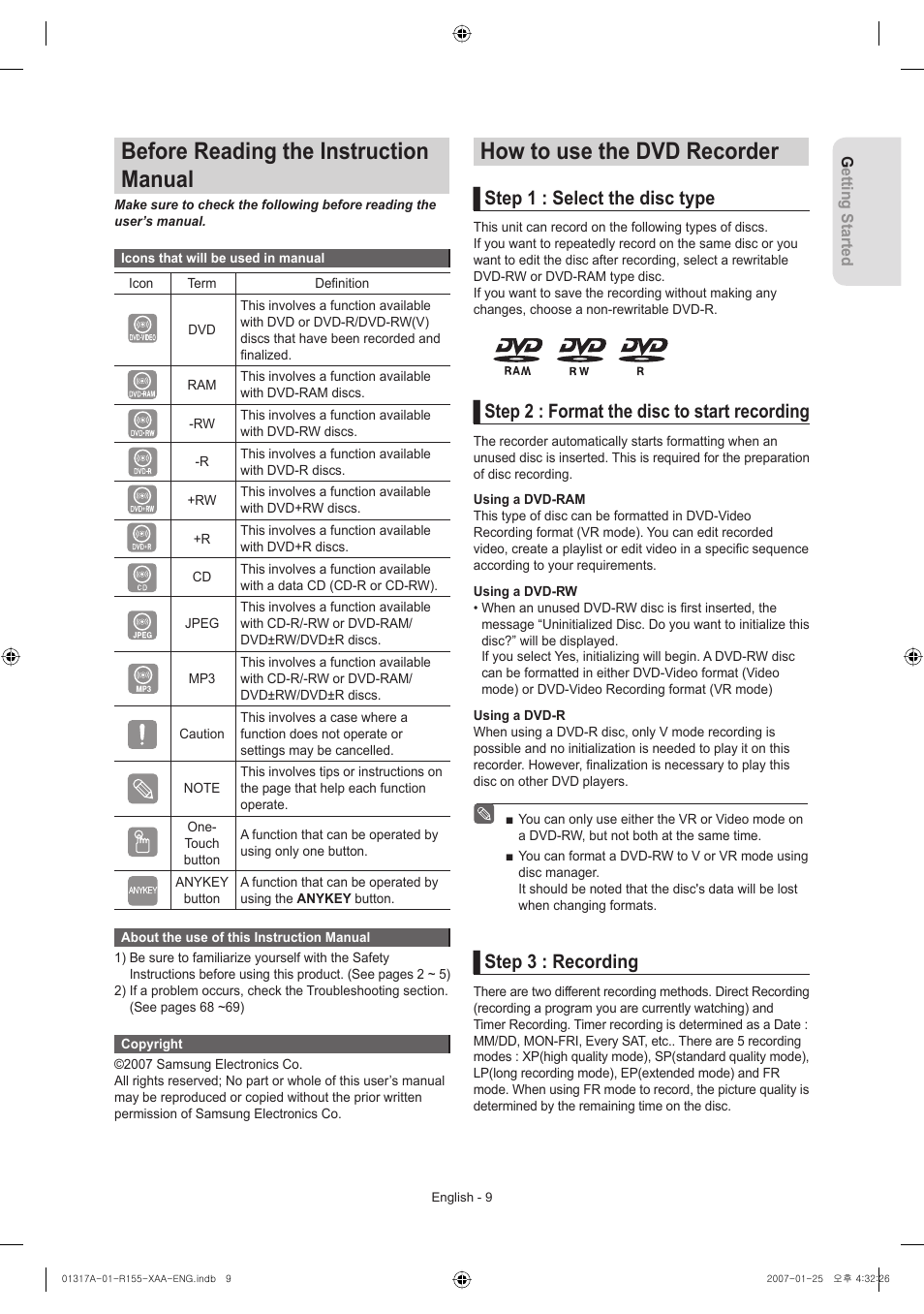 Before reading the instruction manual, How to use the dvd recorder, Step 1 : select the disc type | Step 2 : format the disc to start recording, Step 3 : recording | Samsung DVD-R155-XAA User Manual | Page 9 / 75