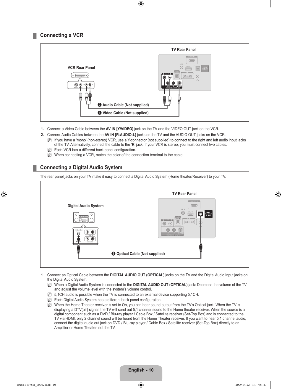 Connecting a vcr, Connecting a digital audio system | Samsung LN22B350F2DXZA User Manual | Page 12 / 69