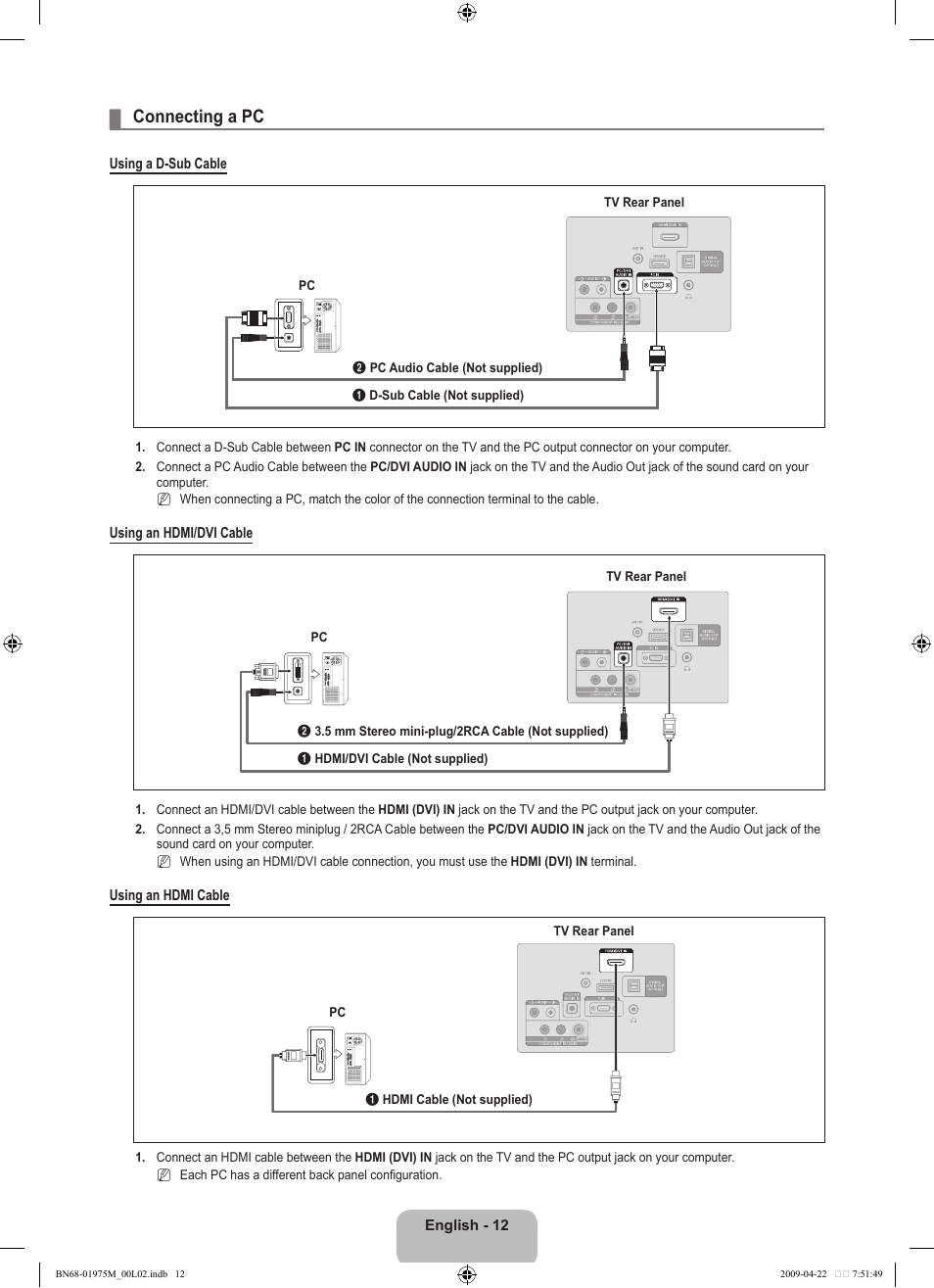Connecting a pc | Samsung LN22B350F2DXZA User Manual | Page 14 / 69
