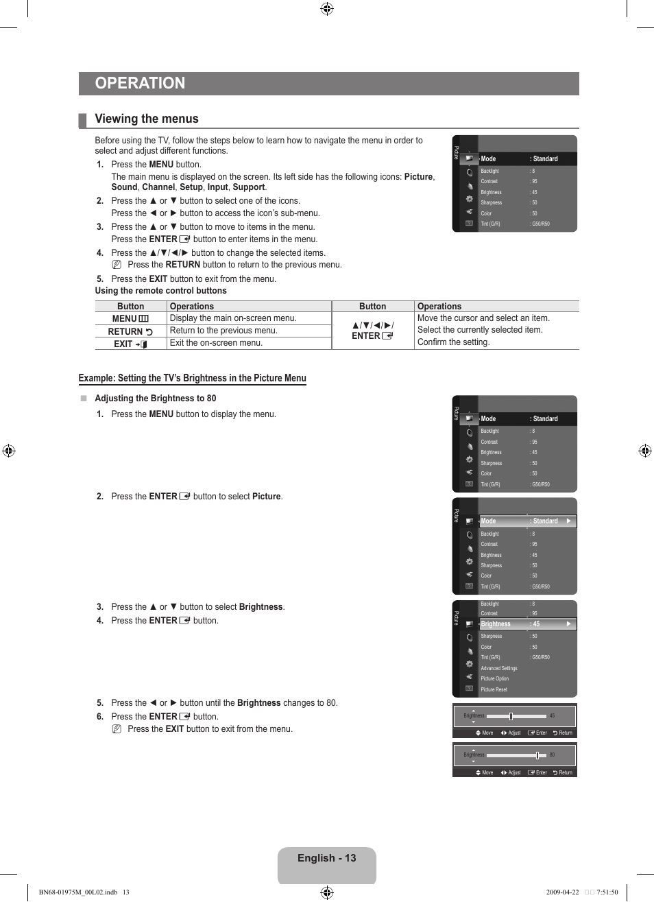 Operation, Viewing the menus, English - 1 | Samsung LN22B350F2DXZA User Manual | Page 15 / 69