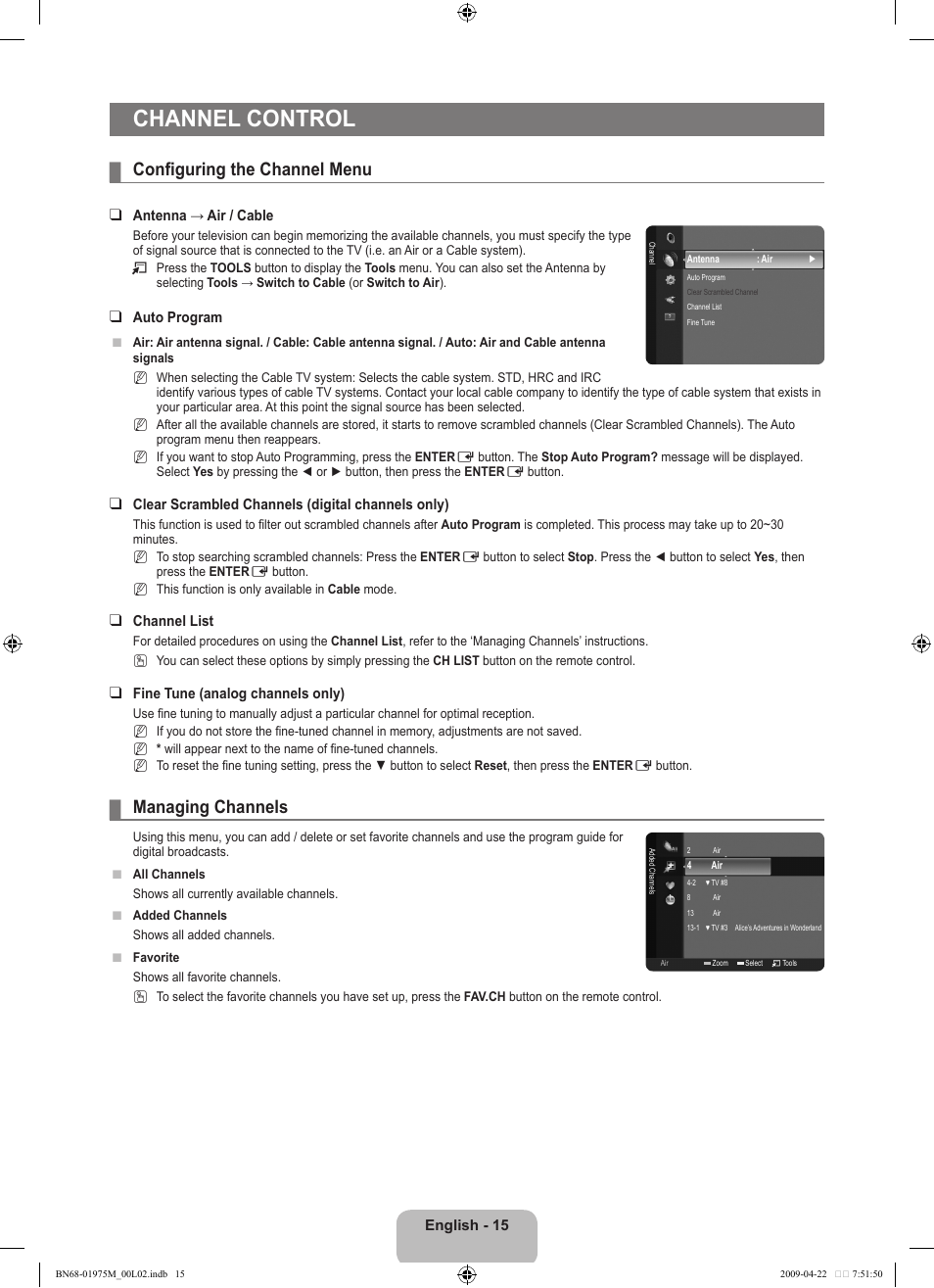 Channel control, Configuring the channel menu, Managing channels | Samsung LN22B350F2DXZA User Manual | Page 17 / 69