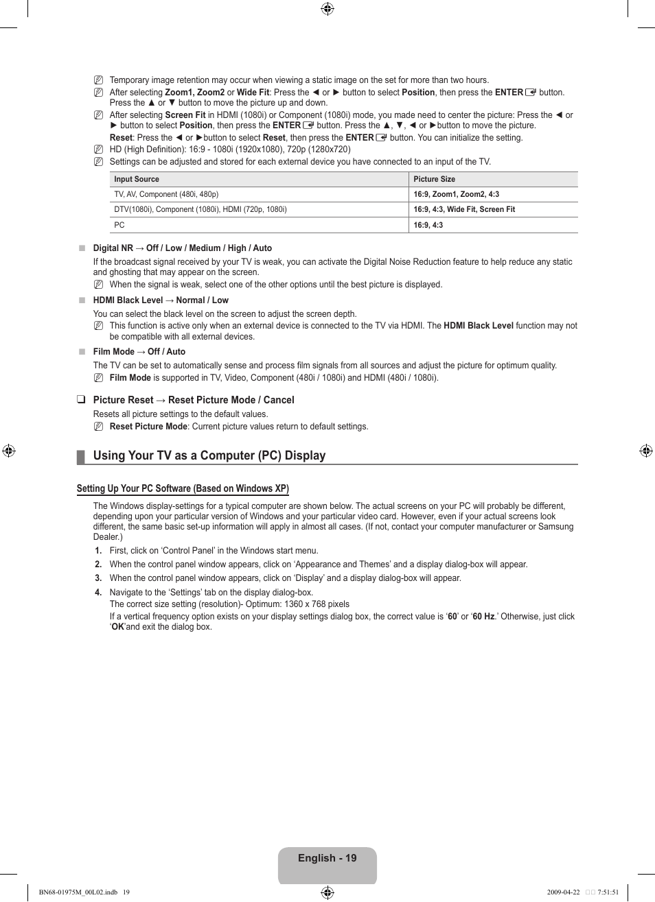 Using your tv as a computer (pc) display | Samsung LN22B350F2DXZA User Manual | Page 21 / 69