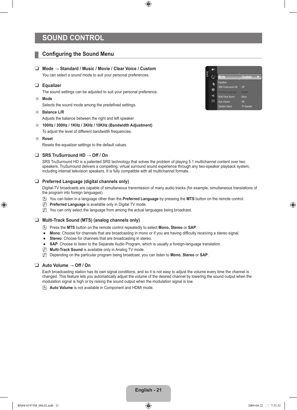 Sound control, Configuring the sound menu | Samsung LN22B350F2DXZA User Manual | Page 23 / 69