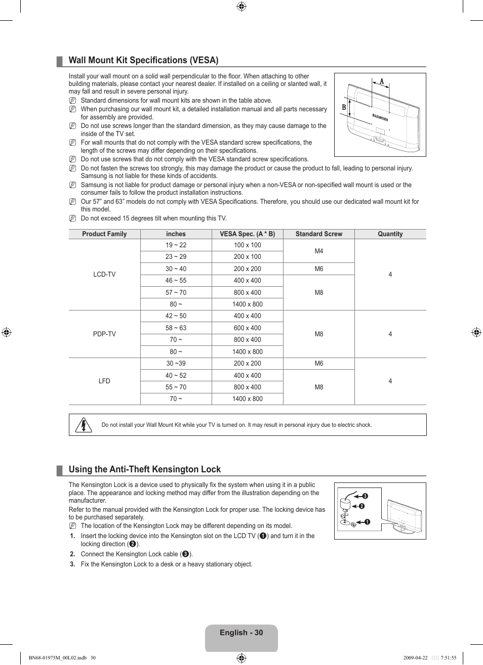 Wall mount kit specifications (vesa), Using the anti-theft kensington lock | Samsung LN22B350F2DXZA User Manual | Page 32 / 69
