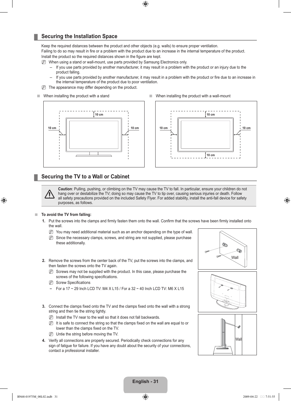 Securing the installation space, Securing the tv to a wall or cabinet | Samsung LN22B350F2DXZA User Manual | Page 33 / 69