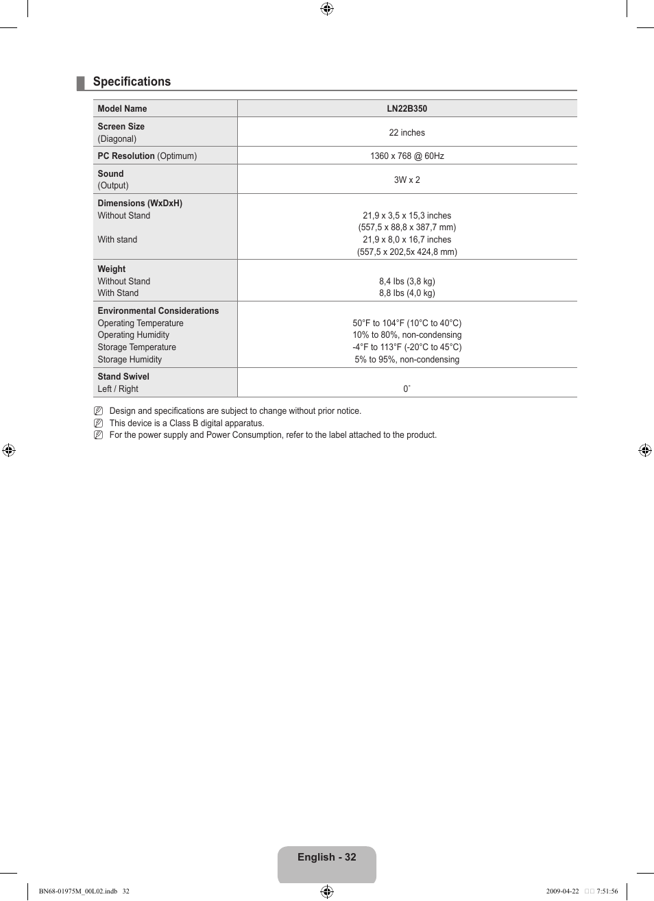 Specifications | Samsung LN22B350F2DXZA User Manual | Page 34 / 69