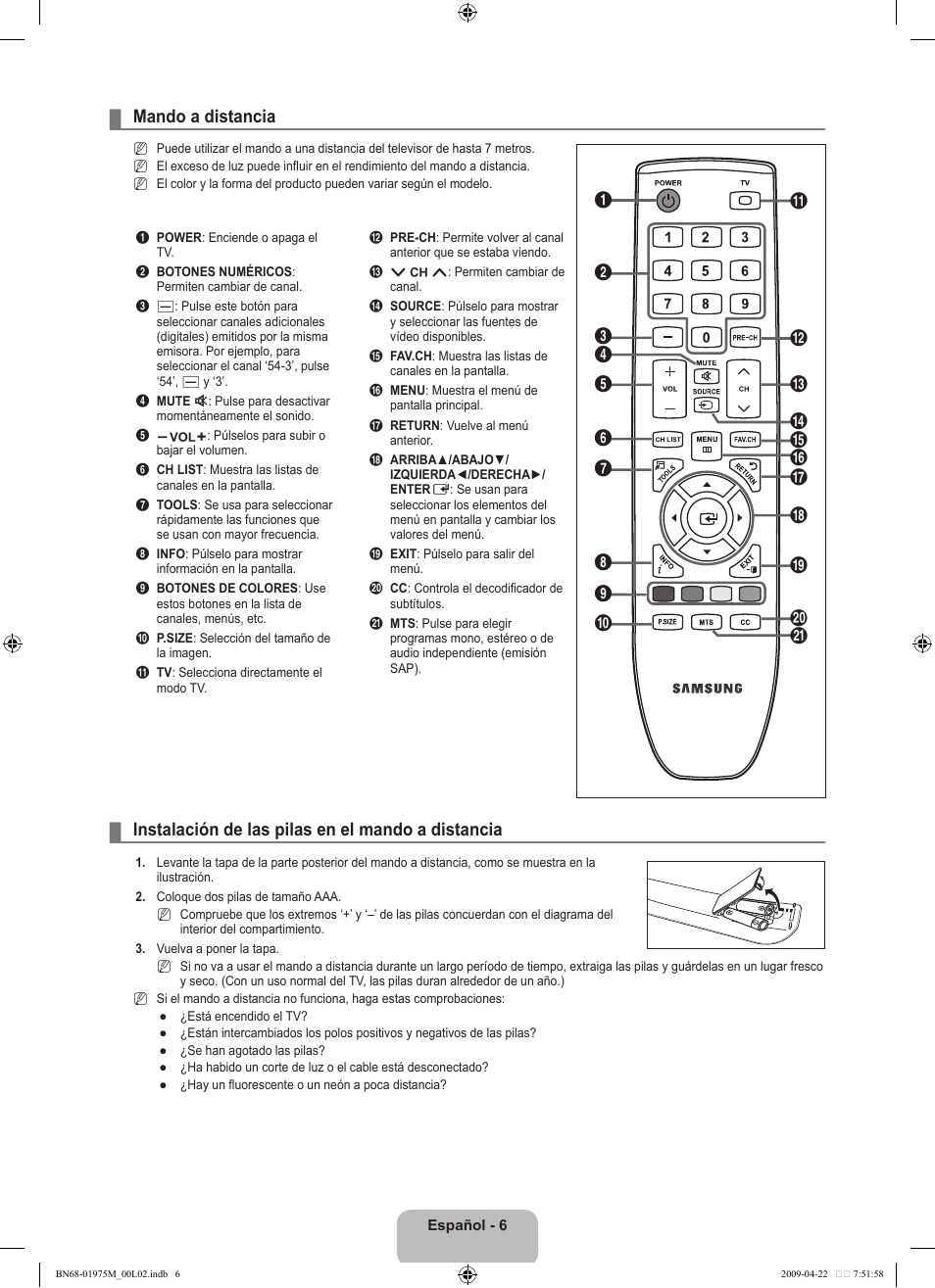 Mando a distancia, Instalación de las pilas en el mando a distancia | Samsung LN22B350F2DXZA User Manual | Page 42 / 69