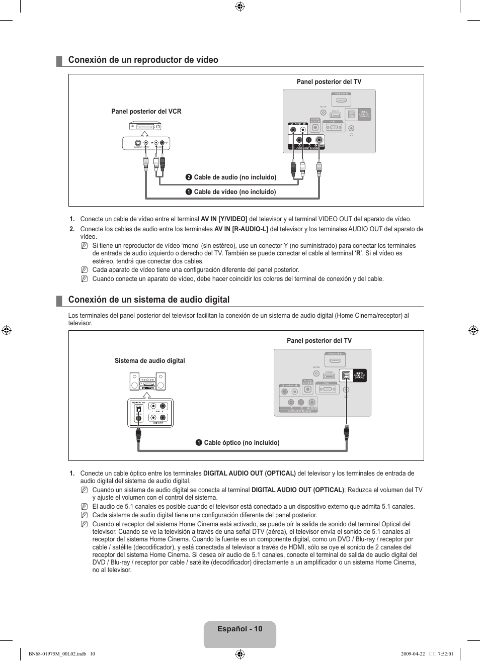 Conexión de un reproductor de vídeo, Conexión de un sistema de audio digital | Samsung LN22B350F2DXZA User Manual | Page 46 / 69