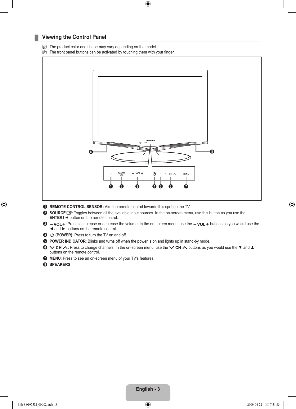 Viewing the control panel | Samsung LN22B350F2DXZA User Manual | Page 5 / 69