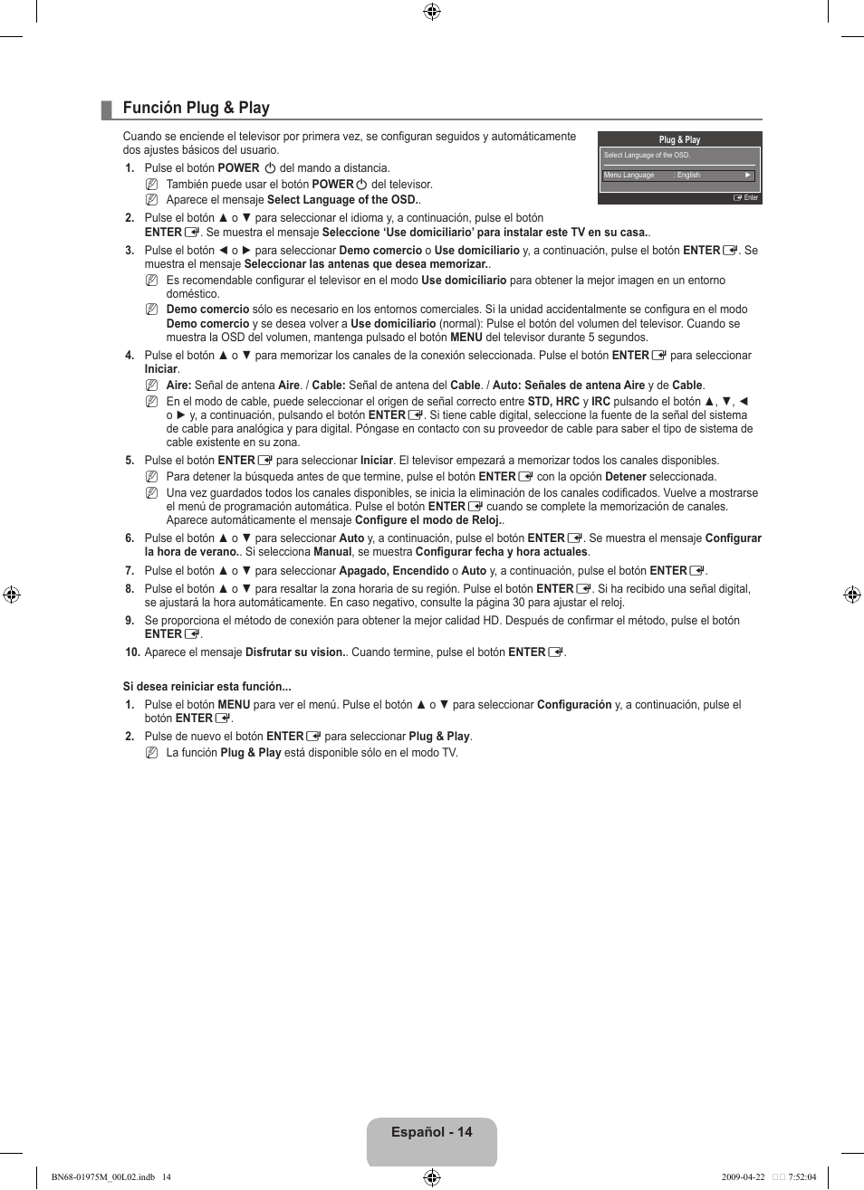 Función plug & play | Samsung LN22B350F2DXZA User Manual | Page 50 / 69
