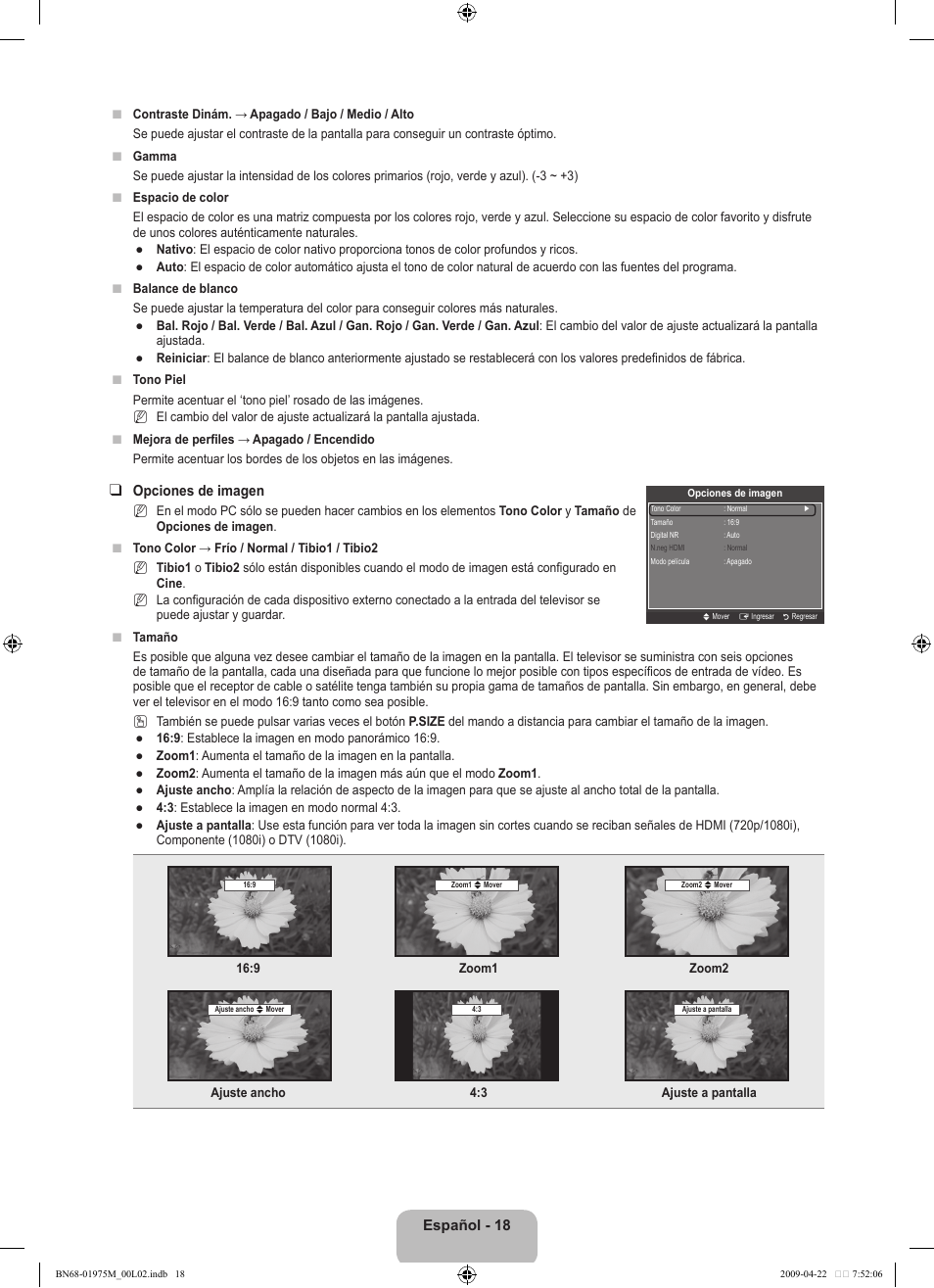 Español - 18, Opciones de imagen | Samsung LN22B350F2DXZA User Manual | Page 54 / 69