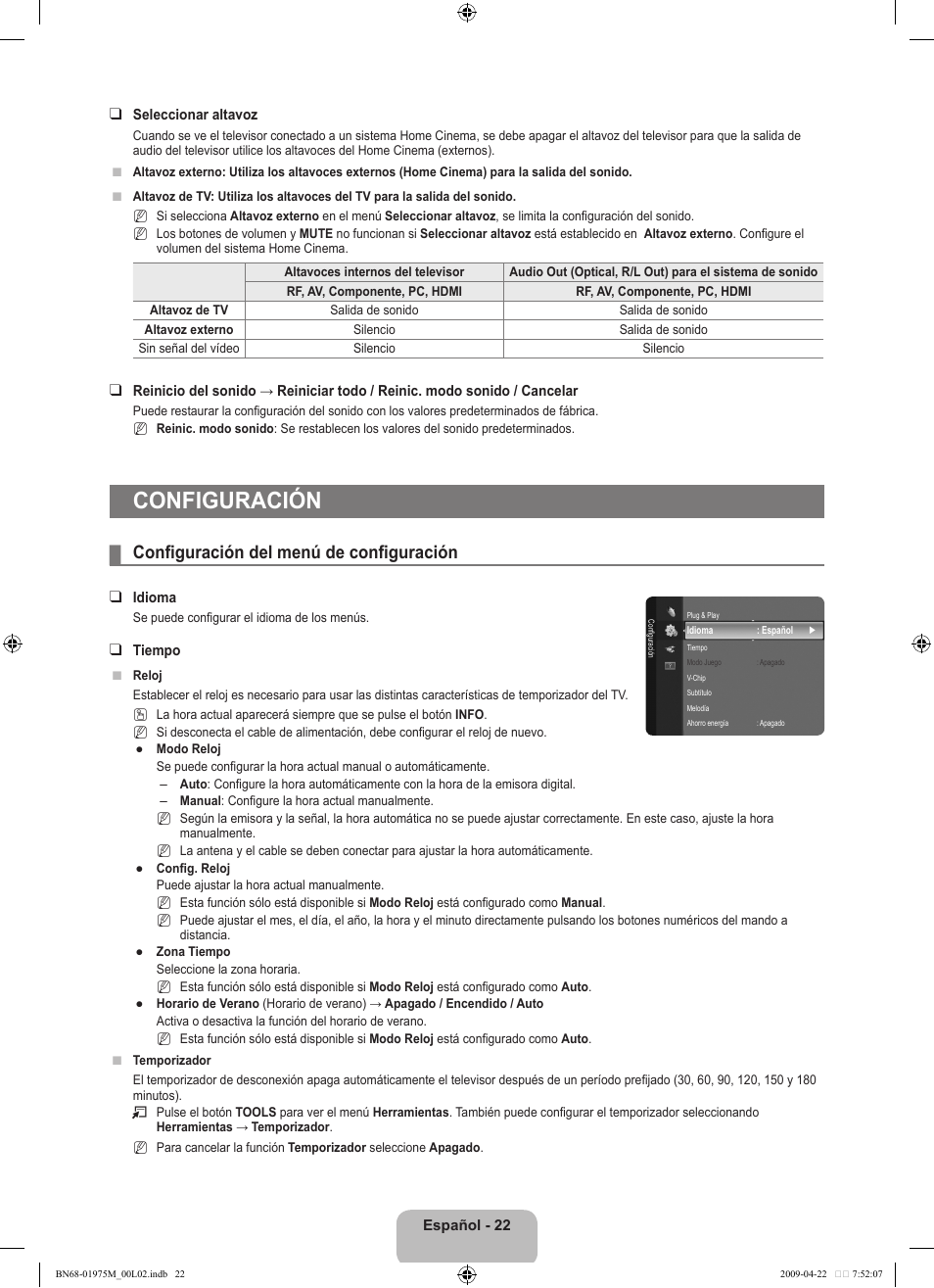 Configuración, Configuración del menú de configuración | Samsung LN22B350F2DXZA User Manual | Page 58 / 69