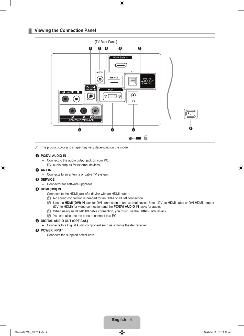 Viewing the connection panel | Samsung LN22B350F2DXZA User Manual | Page 6 / 69