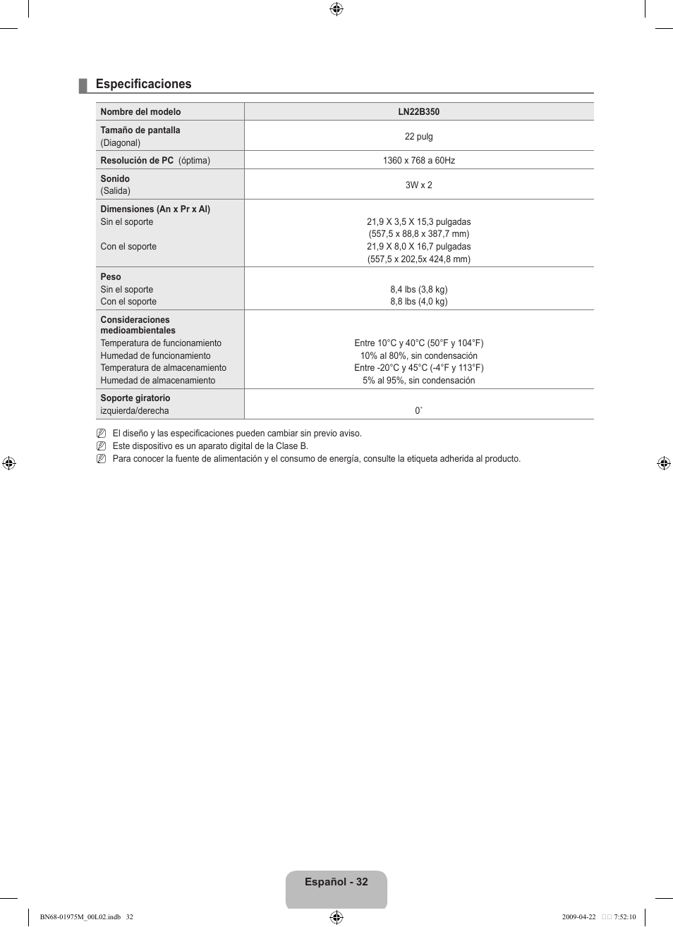Especificaciones | Samsung LN22B350F2DXZA User Manual | Page 68 / 69