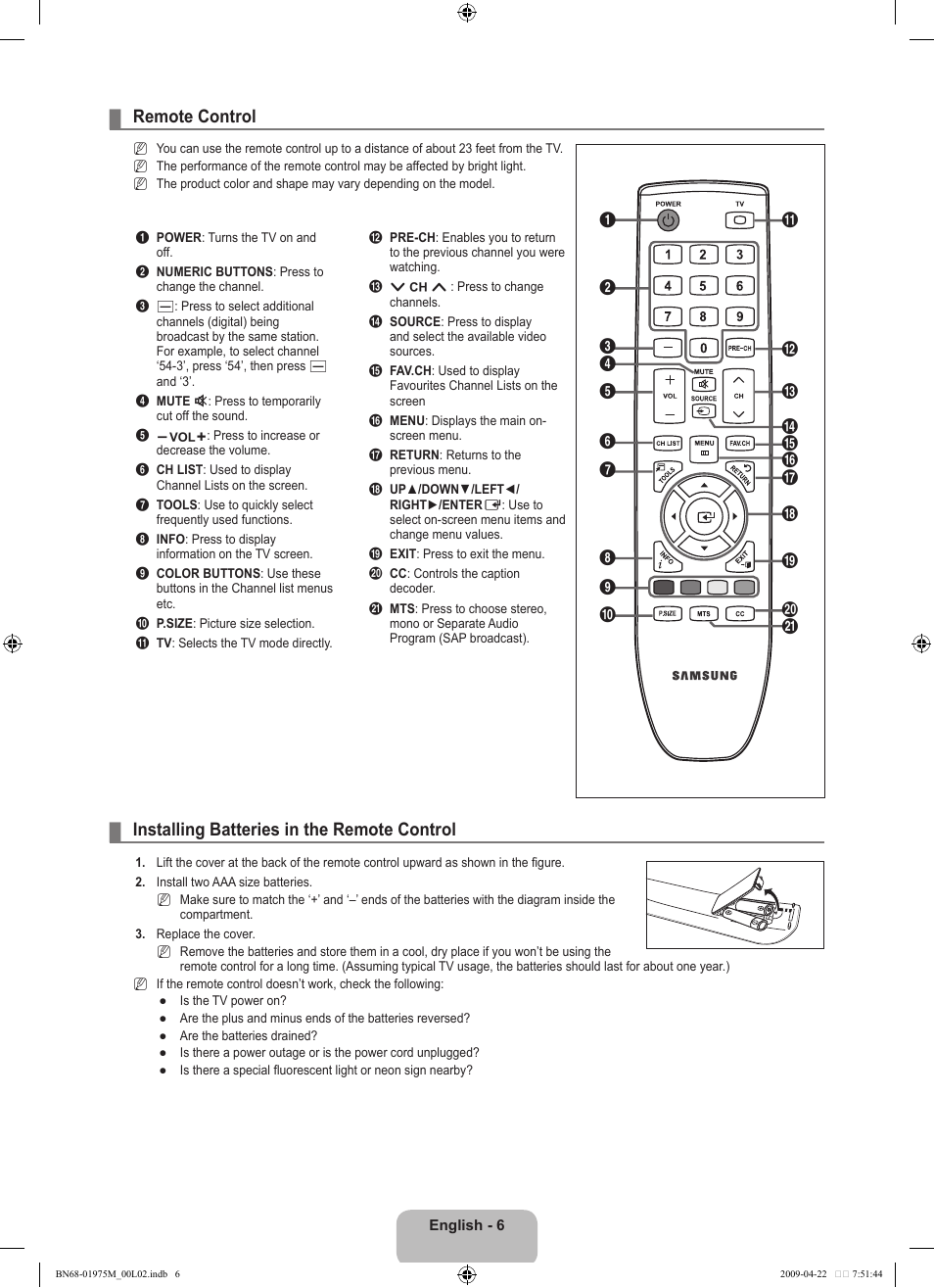 Remote control, Installing batteries in the remote control | Samsung LN22B350F2DXZA User Manual | Page 8 / 69