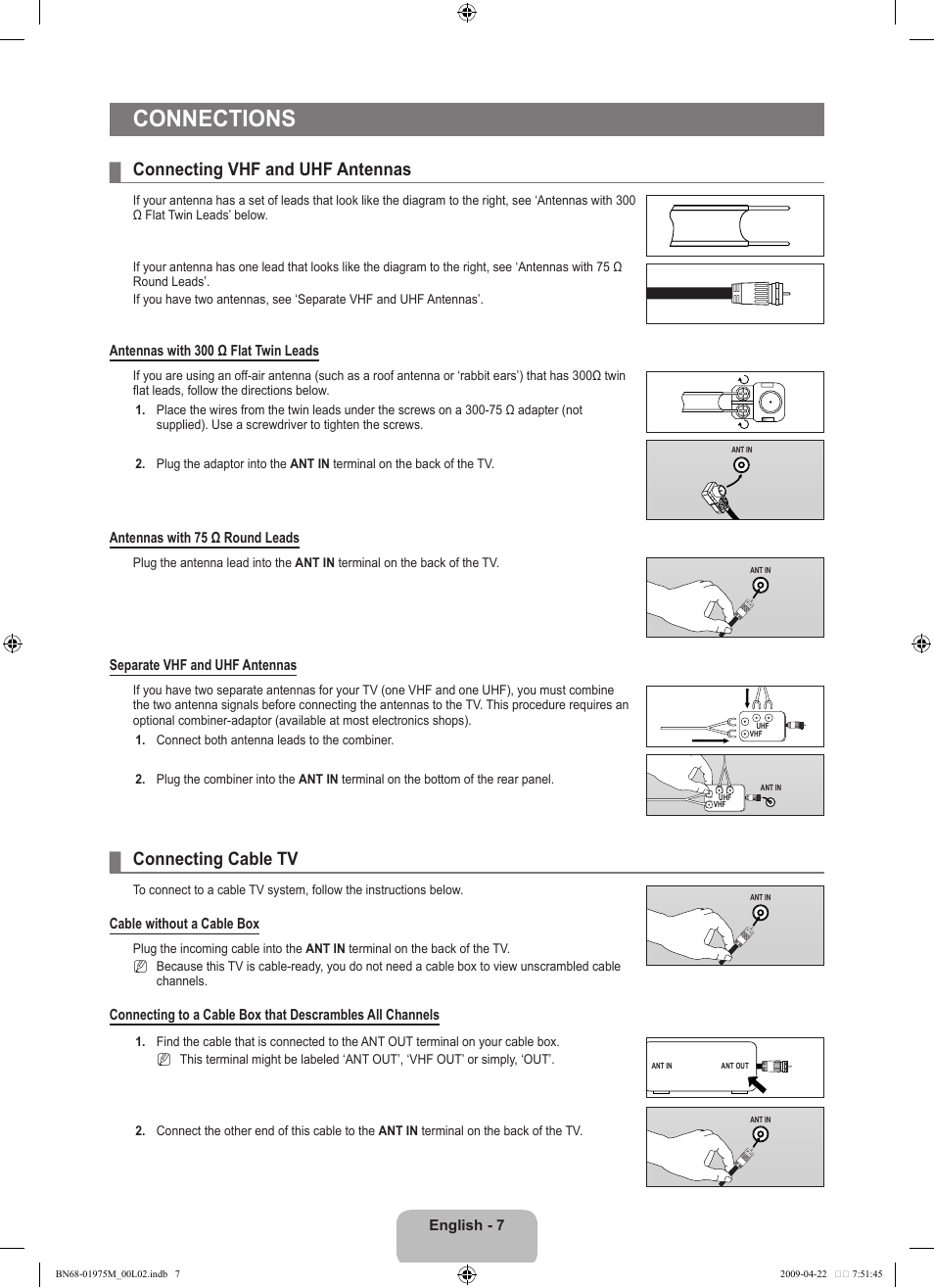 Connections, Connecting vhf and uhf antennas, Connecting cable tv | Samsung LN22B350F2DXZA User Manual | Page 9 / 69