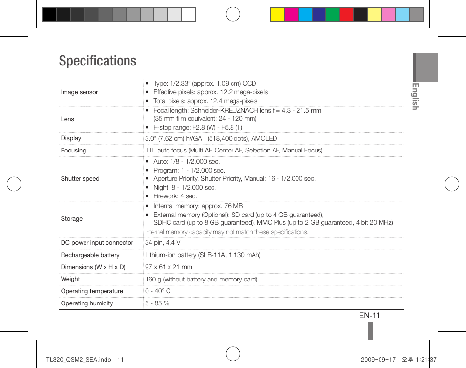 Specifications, English | Samsung EC-TL320BBP-US User Manual | Page 11 / 24