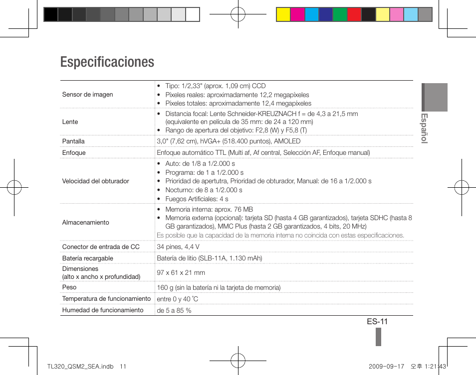 Especificaciones, Español | Samsung EC-TL320BBP-US User Manual | Page 21 / 24