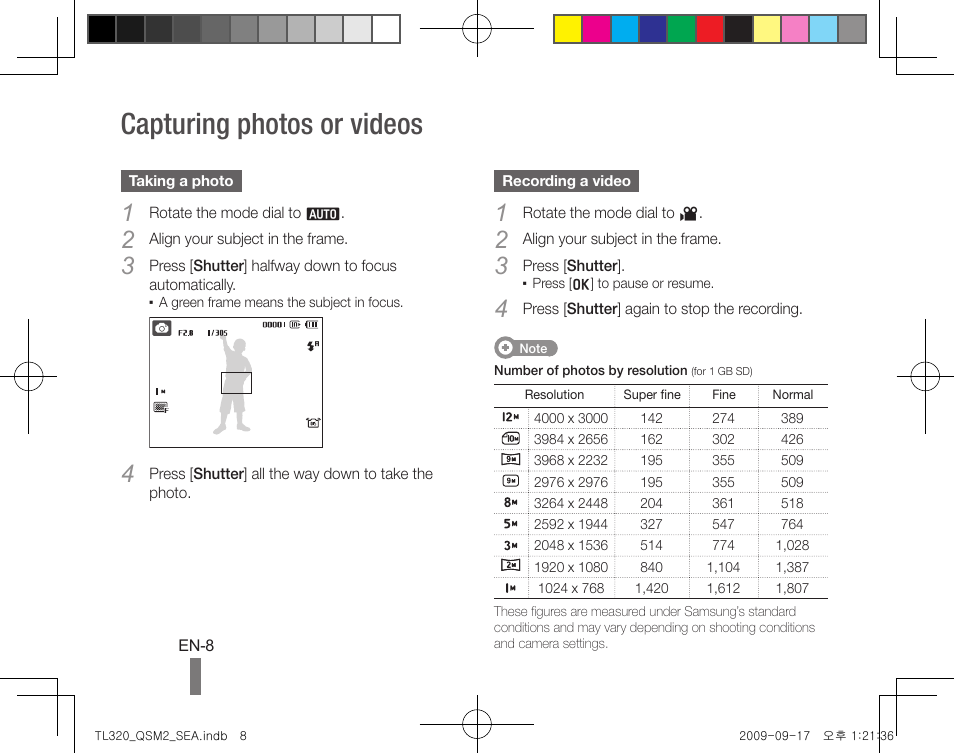 Capturing photos or videos | Samsung EC-TL320BBP-US User Manual | Page 8 / 24