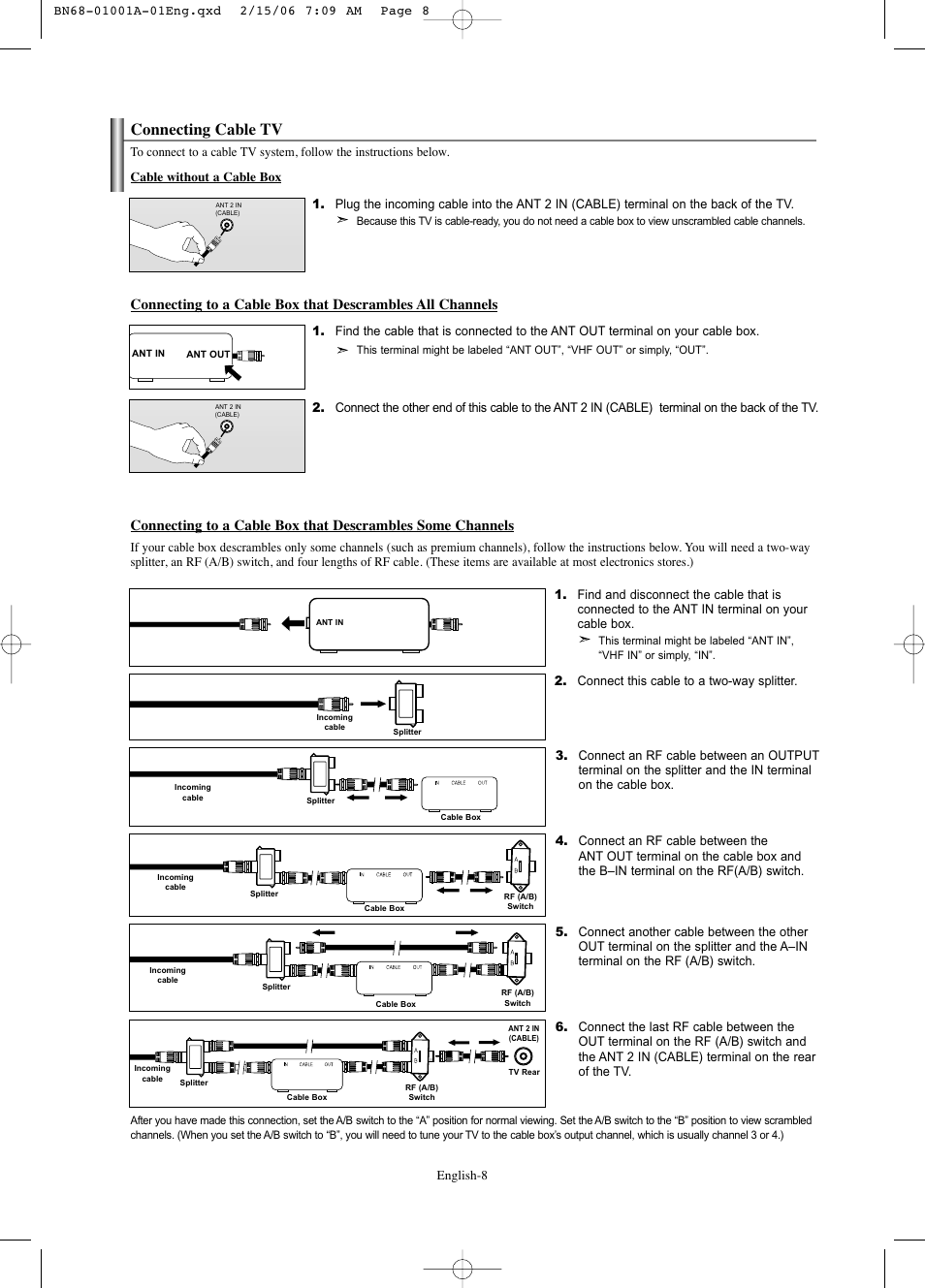 Connecting cable tv | Samsung LNS4041DX-XAP User Manual | Page 10 / 179