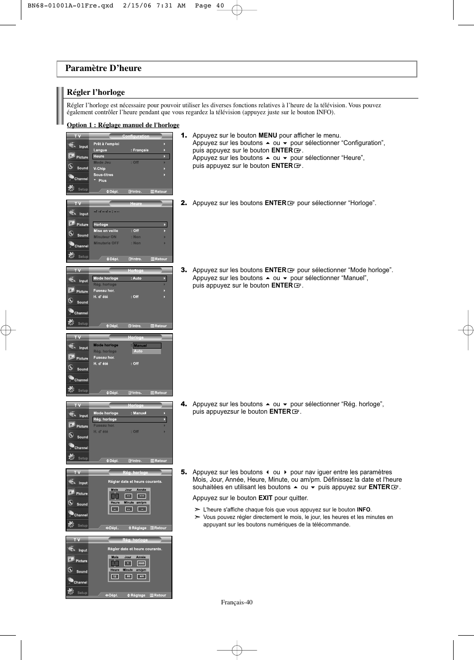 Paramètre d’heure | Samsung LNS4041DX-XAP User Manual | Page 101 / 179