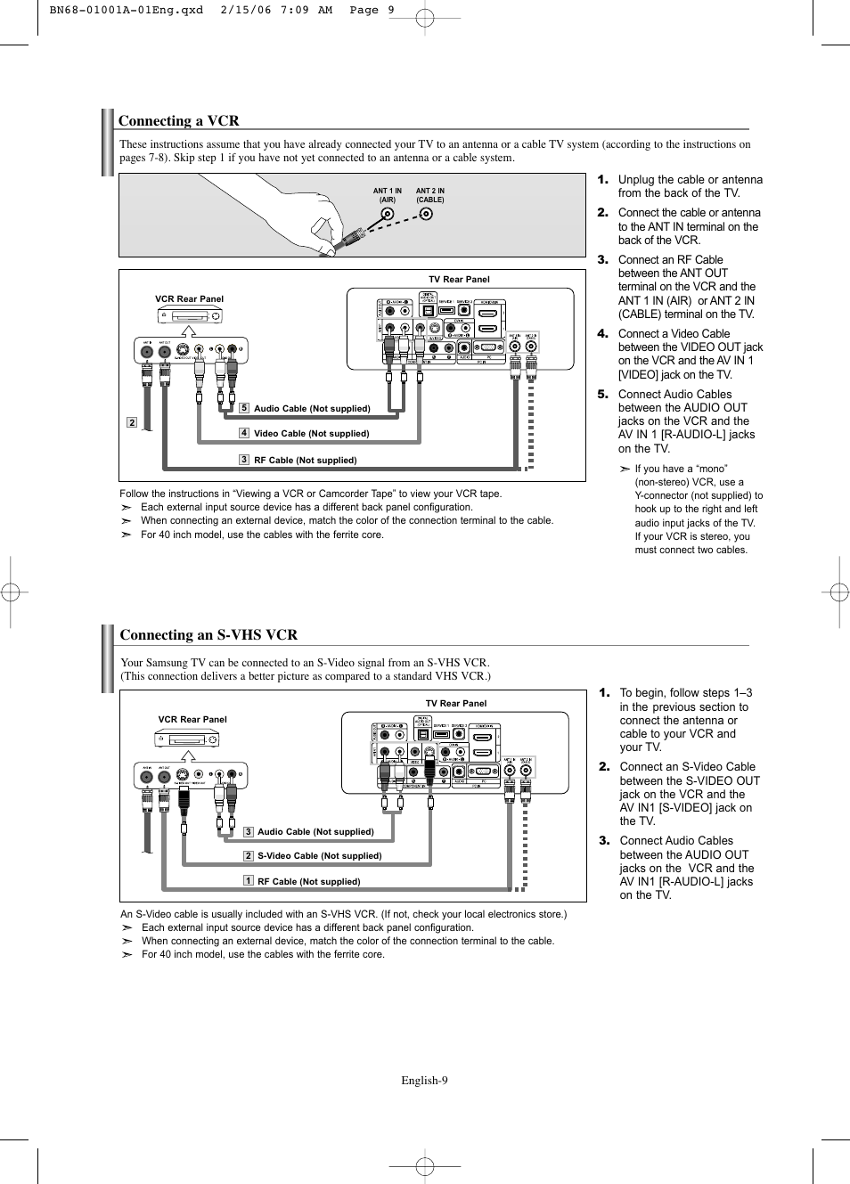 Connecting a vcr, Connecting an s-vhs vcr | Samsung LNS4041DX-XAP User Manual | Page 11 / 179