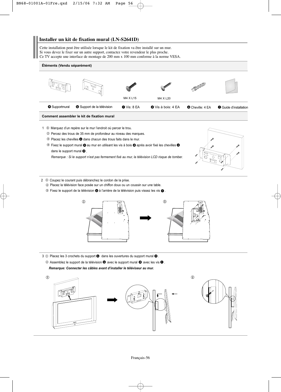 Installer un kit de fixation mural (ln-s2641d) | Samsung LNS4041DX-XAP User Manual | Page 117 / 179