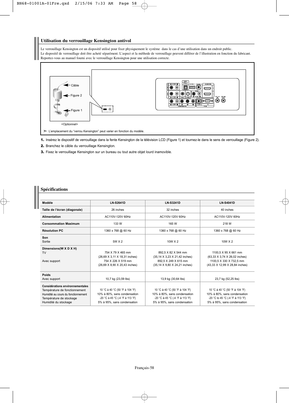 Utilisation du verrouillage kensington antivol, Spécifications | Samsung LNS4041DX-XAP User Manual | Page 119 / 179