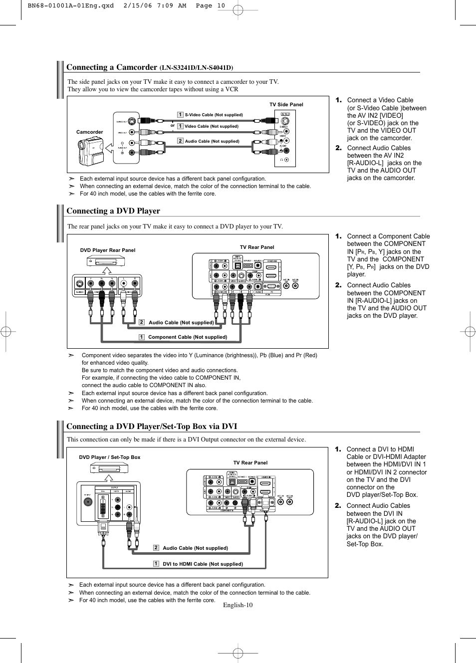 Connecting a camcorder (ln-s3241d/ln-s4041d), Connecting a dvd player, Connecting a dvd player/set-top box via dvi | Connecting a camcorder | Samsung LNS4041DX-XAP User Manual | Page 12 / 179