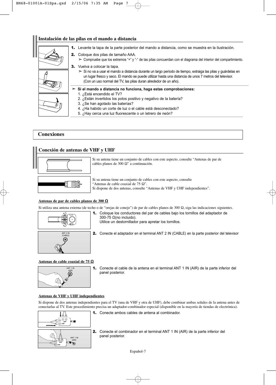 Conexiones, Conexión de antenas de vhf y uhf, Instalación de las pilas en el mando a distancia | Samsung LNS4041DX-XAP User Manual | Page 127 / 179