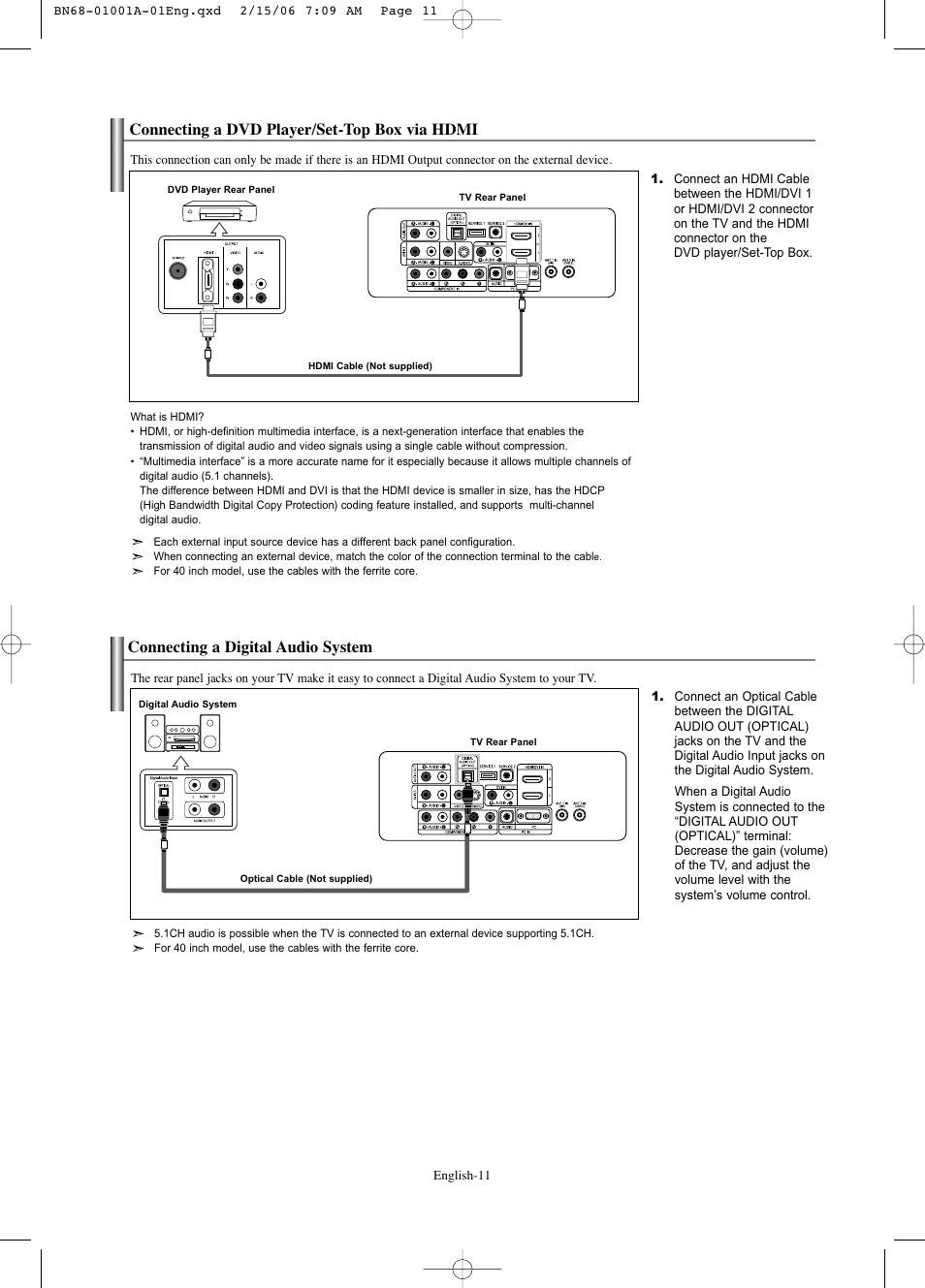 Connecting a dvd player/set-top box via dvi, Connecting a dvd player/set-top box via hdmi, Connecting a digital audio system | Samsung LNS4041DX-XAP User Manual | Page 13 / 179
