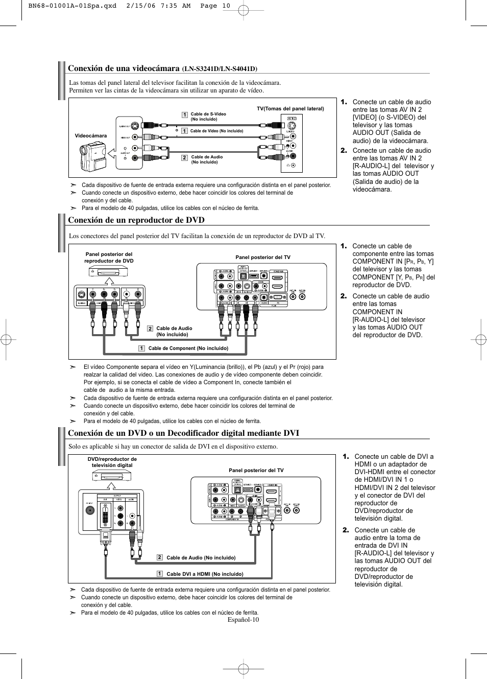 Conexión de una videocámara, Conexión de un reproductor de dvd | Samsung LNS4041DX-XAP User Manual | Page 130 / 179