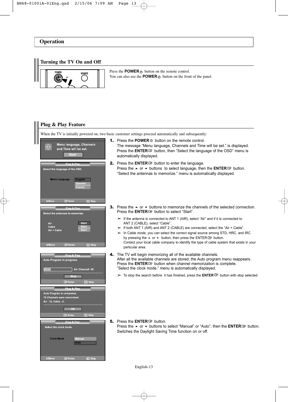 Operation, Turning the tv on and off, Plug & play feature | Samsung LNS4041DX-XAP User Manual | Page 15 / 179
