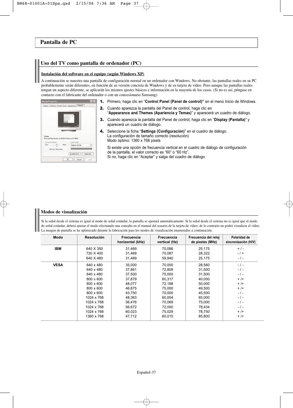 Pantalla de pc, Uso del tv como pantalla de ordenador (pc) | Samsung LNS4041DX-XAP User Manual | Page 157 / 179