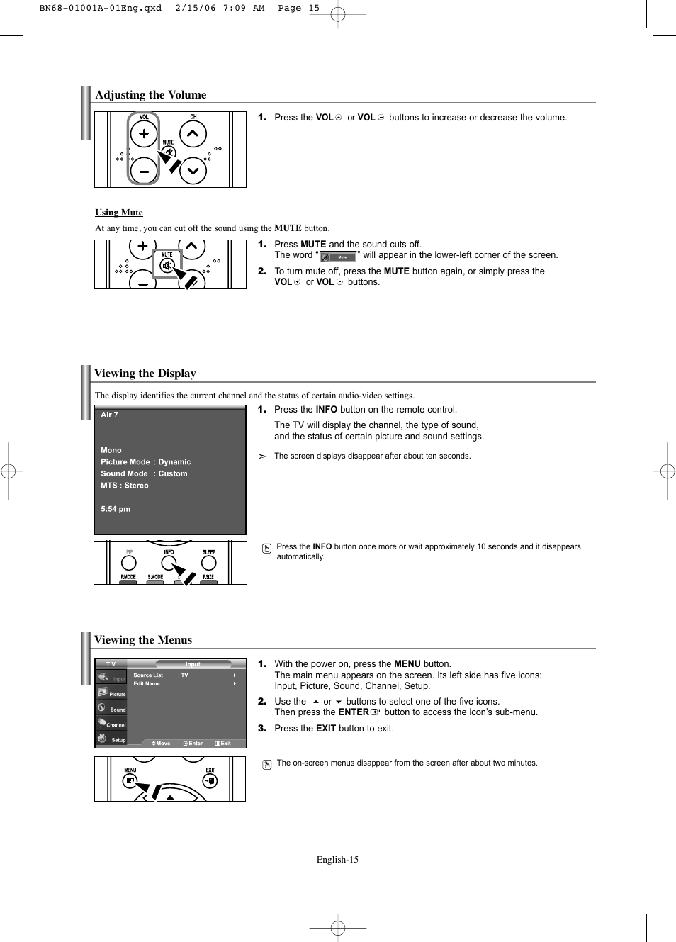 Adjusting the volume, Viewing the display, Viewing the menus | Samsung LNS4041DX-XAP User Manual | Page 17 / 179