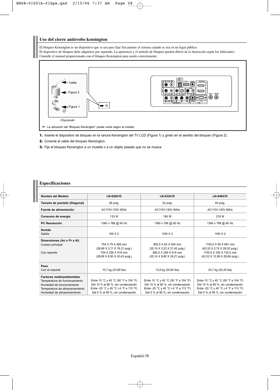 Uso del cierre antirrobo kensington, Especificaciones | Samsung LNS4041DX-XAP User Manual | Page 178 / 179