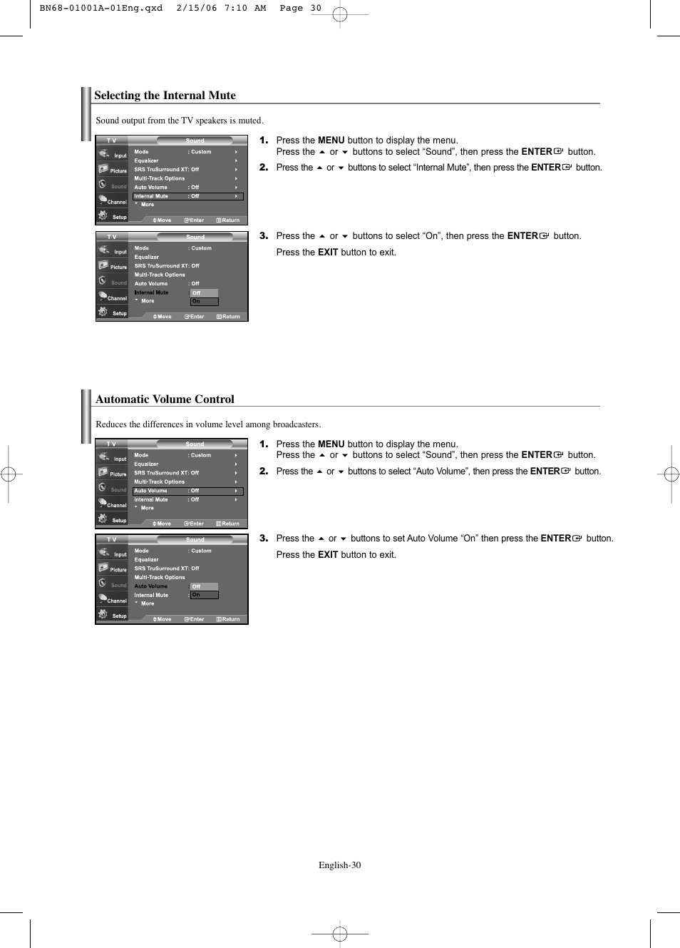 Selecting the internal mute, Automatic volume control | Samsung LNS4041DX-XAP User Manual | Page 32 / 179