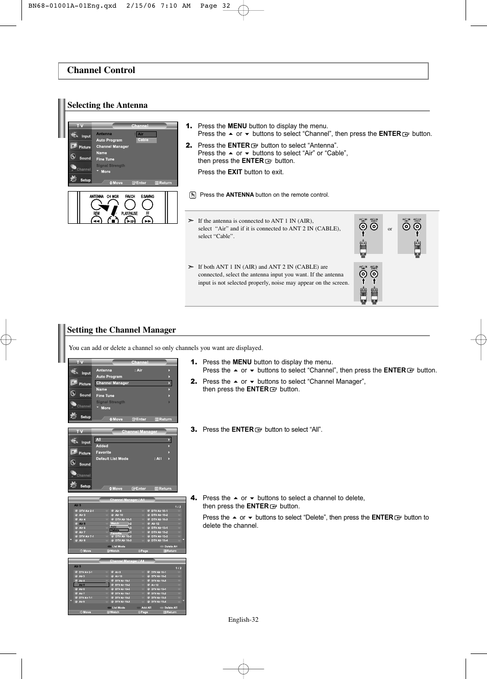 Channel control, Selecting the antenna, Setting the channel manager | Samsung LNS4041DX-XAP User Manual | Page 34 / 179