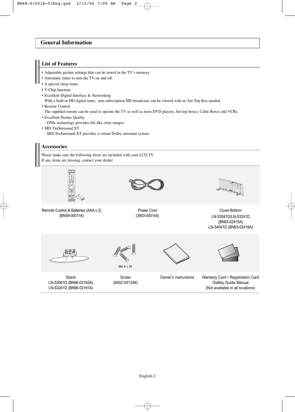 General information, List of features, Accessories | Samsung LNS4041DX-XAP User Manual | Page 4 / 179